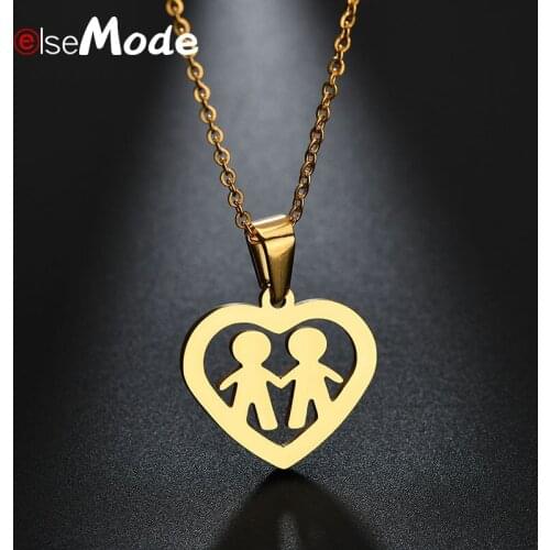 ELSEMODE Gold Family Love Heart Two People Necklace Stainless Steel Couple Chian Necklace for Women Men Valentines Day Gifts
