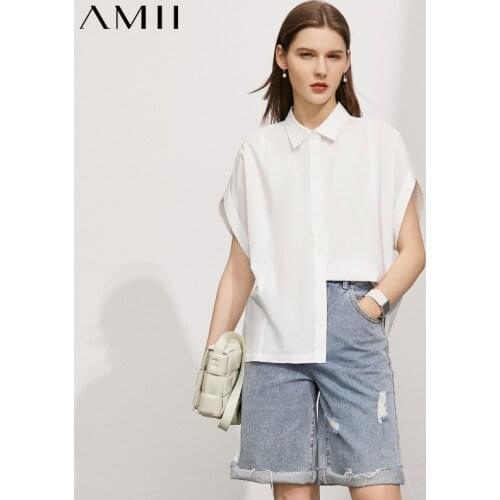 AMII Minimalism Summer New Womens Shirt Fashion Offical Lady Solid 100%Cotton Lapel Loose White Womens Tops 12140550