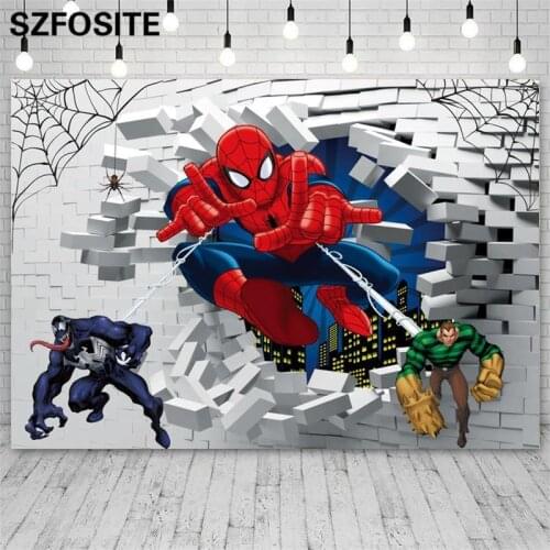 Cartoon Superhero White Brick Wall Cobweb Background Boy Birthday Party Table Decoration Photography Photo Kids Vinyl Backdrop
