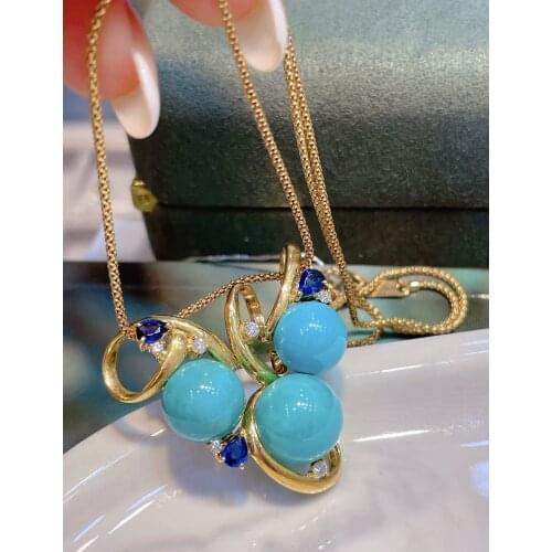 LR Fine Jewelry Pure 18K Gold Jewelry AU750 Natural Blue Turquoise 10-12mm Sapphires Gemstones Pendants Fine Necklace