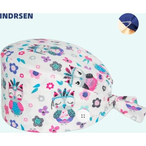 Women Surgicals Cap with Buttons Cotton Anime Print Nursing Caps Beauty Salon Nurse Working Accessories Scrubs Hat Wholesale