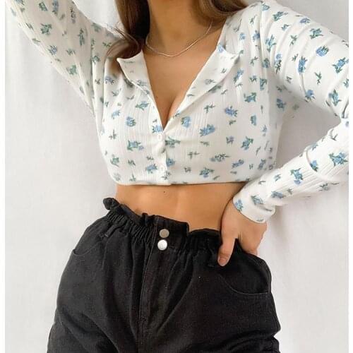 Women Floral Print Single-breasted Long Sleeve O Neck Blouse T-shirt Crop Top