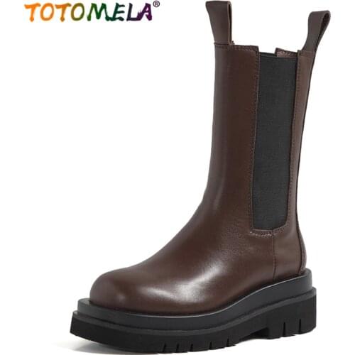 TOTOMELA Plus size 34-43 Nature Full genuine leather boots retro platform Chelsea boots slip on mid calf boots women shoes