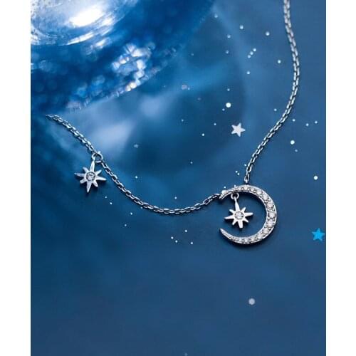 Genuine 925 Sterling Silver Moon & Star Cubic Zirconia Chain Link Choker Pendant Necklaces for Women Fine Jewelry 2019