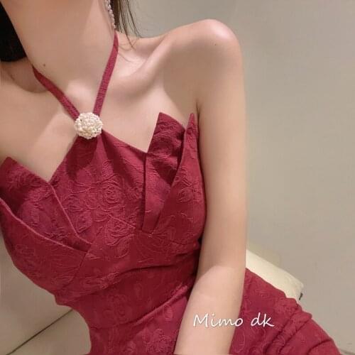 Red Slim Strapless Dress for Women Vintage High-waisted Halterneck Lace-up Dresses Vestidos Largos De Verano Para Mujer 2021