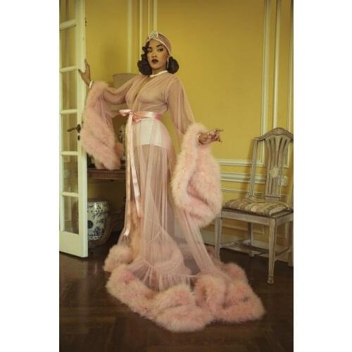 Pink Kinono Gowns Prom Dresses Feather Maternity Robes Women Photoshoot Bathrobe Fluffy Party Sleepwear Custom Made