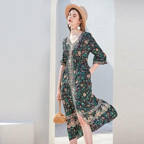 100% Silk Dress Women Printed Symmetrical Design V Neck Half Flared Sleeves Elastic Waist Vintage Elegant New Fashion