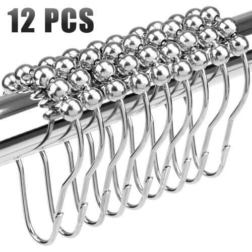 12pcs Practical Bath Rollerball Shower Curtain Hooks Glide Rings Convenient Home Accessories