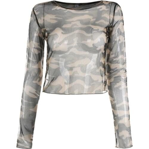 2021 Summer Women Sexy Camouflage Mesh Perspective T-Shirts Fashion Long Sleeve Round Neck Tops Y2k WT0308