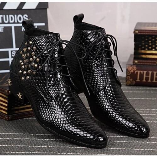 Black Bright skin leather mens boots chelsea fashion shoes rivet High quality mens shoes Formal Lace up pointed shoes