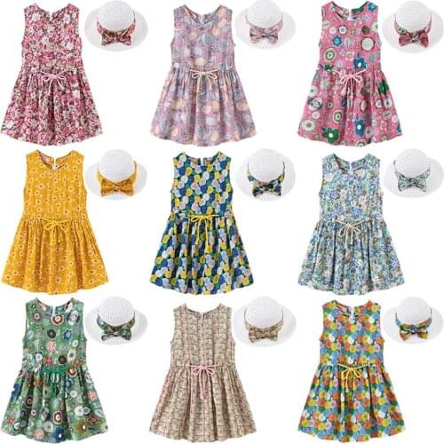 Children Summer Dresses Kids Baby Girls Sleeveless Flower Print Cotton and Linen Floral A-line Dress for Girls with Sun Hat Gift