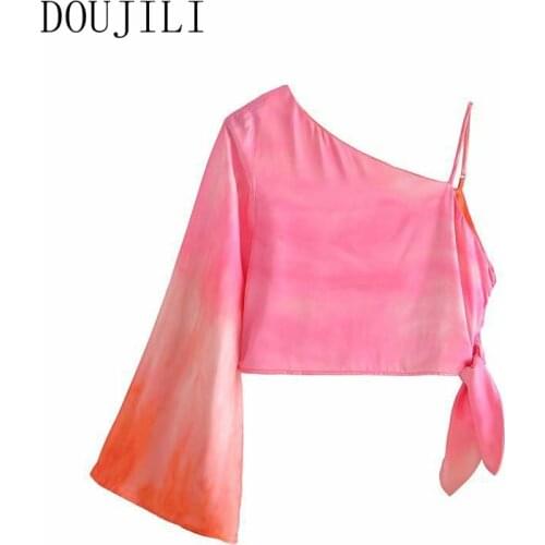 DOUJILI Women Retro Tie Dyed Print Asymmetrical Shirt Short Sleeve 2021 New Style Female Sexy Shirt Tops
