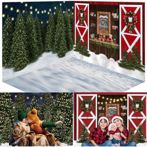 Christmas Room Backdrop Decorations Pine Forest Christmas Snow Children Portrait Background Red Door Xmas Kitchen Photography