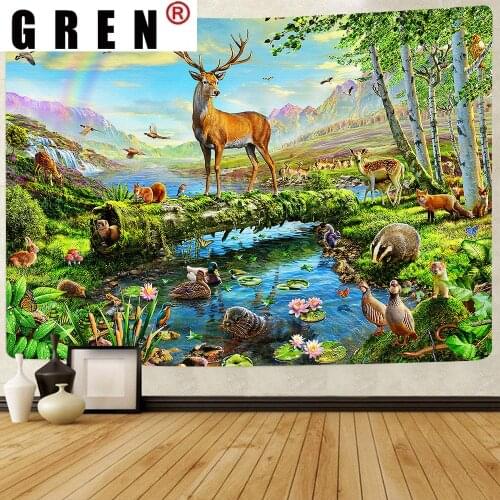 GREN Animal Deer Tapestry Forest Parrot Mountain Wall Hanging for Living Room Bedroom Dorm Home Blanket Wall Cloth Decor