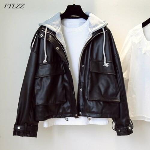 FTLZZ New Autumn Women Hooded Streetwear Pu Faux Soft Leather Jacket Casual Female Loose Moto Biker Short Black Coat Outwear