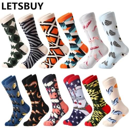 LETSBUY 12 Pair / Lot Novelty For Men Colorful Love Star Diamond Combed Cotton Dress Wedding Girls Socks Funny Casual Crew Party