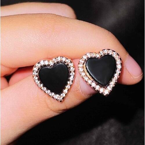 Cute Heart Stud Earrings With Black Zircon Fashion Rose Gold Piercing Jewelry For Women Party Best Birthday Gift 2021 New Trend