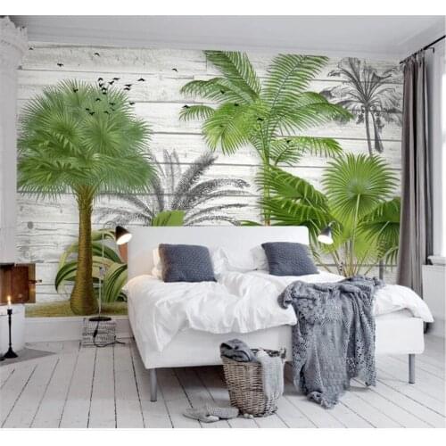 Xuesu Nordic wood plank green plants simple TV background mural bedroom wallpaper 8D waterproof wall covering