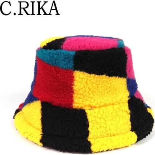 Autumn Winter Multicolour Plaid Lambswool Bucket Hat Women Fashion Warm Soft Fisherman Hat Bob Girl Outdoor Travel Velvet Panama