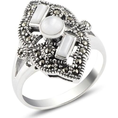 Silver 925 Sterling Pearl & Marcasite Ring