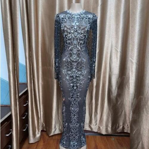 Dropshipping Mesh See Through Sparkly Crystals Long Dress Evening Party Rhinestones Dresses celebrity costumebirthday outfit