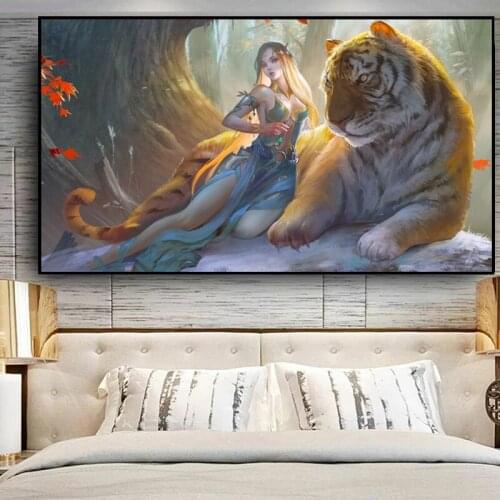 Modern Beauty and Tiger Watercolor Art Canvas Oil Painting Animal Oil Painting Living Room Corridor Office Home Decoration Mural