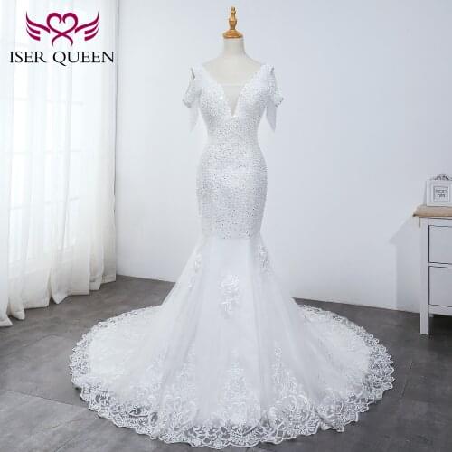 Pearls Sequined Beading Deep V-neck Cap Sleeves Mermaid Wedding Dresses Elegant Pure White Embroidered Lace on Net WX0037