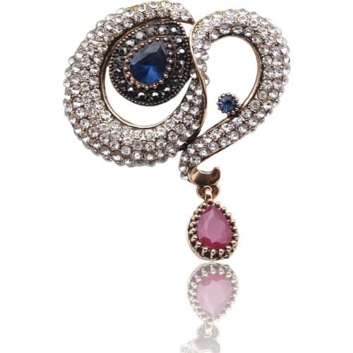 Luxuries Turkish Water Drop Brooches For Women Jewelry Antique Gold Color Resin Rhinestone Brooch Broches Ladies Ethnic Pins