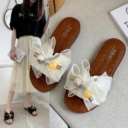 Jelly Bottom Slippers Womens Korean Style Slippers Lace Bow Rhinestone Flat Trailer Shoes Flat Shoes Women Shoes for Women