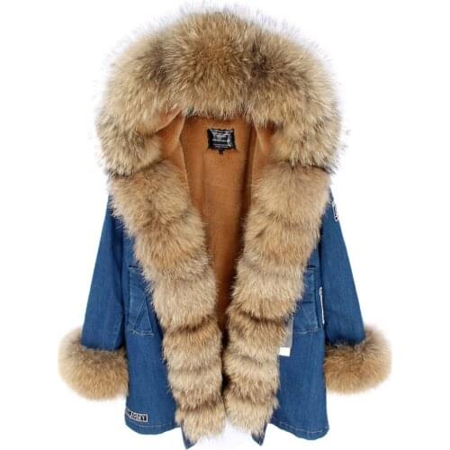 MAOMAOKONG mid-length label denim jacket female fox fur large fur collar detachable PV plus velvet cotton coat college style jac
