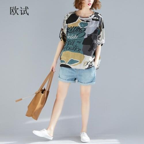 Women Cotton Linen T Shirt Abstract Printing T-Shirt Plus Size Short Sleeve Tshirt Ladies Big Size Loose Casual Tee Tops 2019
