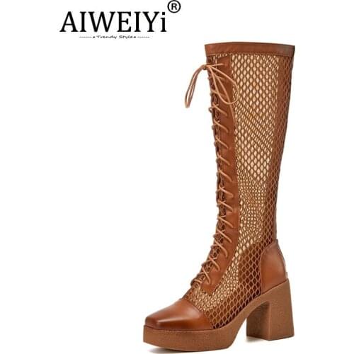 AIWEIYi Roman Sandals For Women Genuine Leather Black Brown Hollow High Heels Boots Lace Up Summer Knee High Boots