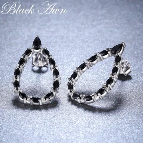 Christmas Gift Casual 925 Sterling Silver Jewelry Engagement Stud Earrings for Women Drop Shape Black Spinel Female Earring I007