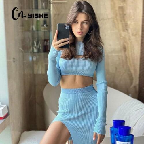 CNYISHE Fashion Casual Two Piece Set Top And Skirts Sets Womens Tracksuit Sexy Hollow Out Bodycon Lounge Set Female Overalls