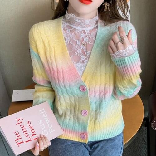 2021 New Korean Style V-Neck Long Sleeve Cardigan Rainbow Knitted Cardigan Women Autumn Sweet Kawaii Sweater Coat Female