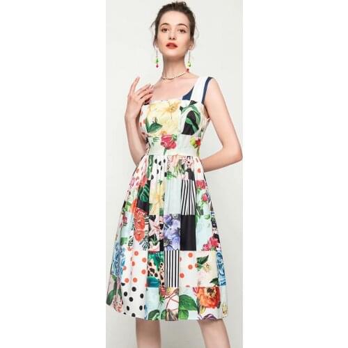 2021 Runway Custom Summer Cotton Spaghetti Strap Dress Womens Charming Flower Print Bohemian Midi Dresses Vestdios