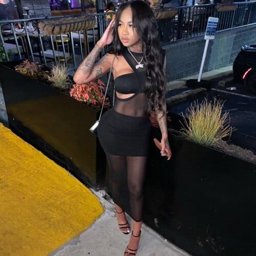 Sleeveless Mesh See Through Patchwork Tank Dress 3 Pieces Summer Women Fashion Streetwear Outfits Y2K Club Bodycon Wear Dresses