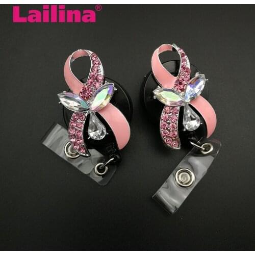10pcs/lot Fashionable Pink Enamel Ribbon Retractable Badge Reel Decorative Breast Cancer Awarenesss Name Card Badge Holder