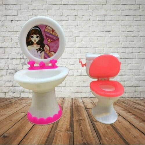 2 Items=Cute Doll Closestool+Washbasin Toilet Dollhouse Furniture Bathroom Wash Devices Set For and for Kelly dolls