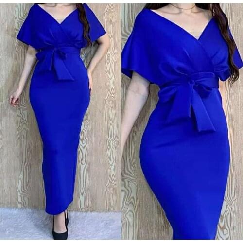 V-Neck Short Royal Blue Satin Evening Dresses with Bowknot Ankle Length Zipper Back Formal Party Gowns for Women