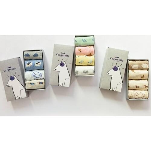 Free Ship 4pcs 22cm Caramella Cotton Women Spring Autumn Animals Painting Kawaii Crew Boat Ankle Socks Cute Harajuku Tide Casual