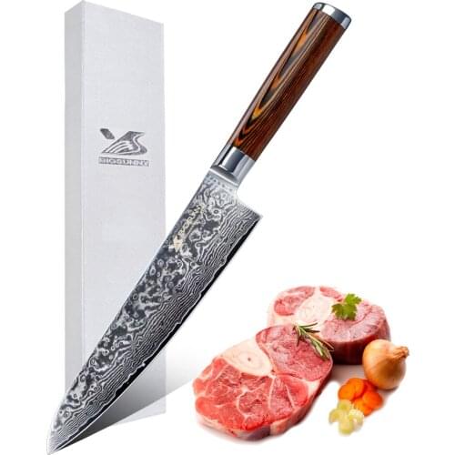 BIGSUNNY Chef Knife 8"Professional Meat Knife Slicing Cutter Kitchen Knife, Damascus Steel Sharp Blade, Nonslip Pakkawood Handle