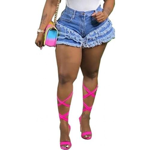 Denim Shorts Womens New African Fashion High Waist Straight Pants Fringe Casual Jeans Summer High Street Style 2021 Blue Sexy