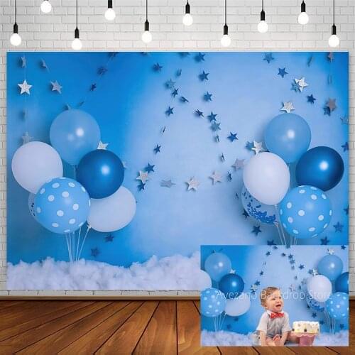 Avezano Cake Smash Backdrop Birthday Blue Balloon Boy Photography Background Studio Stars Clouds Photozone Photocall Decor Props
