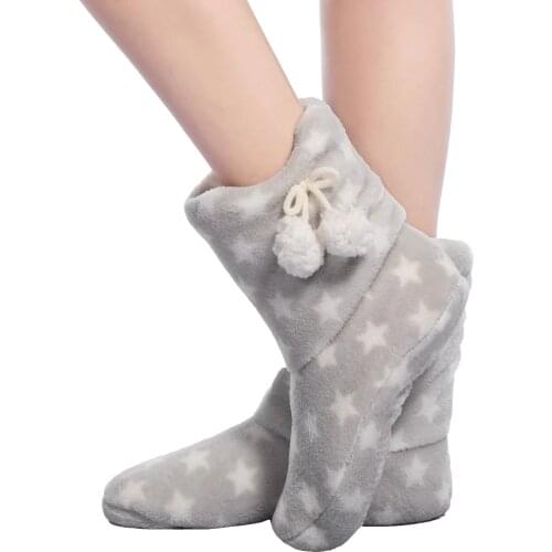FRALOSHA White star thick plush warm indoor boots floor shoes shoes non-slip soft home shoes boots and the same bathrobe series