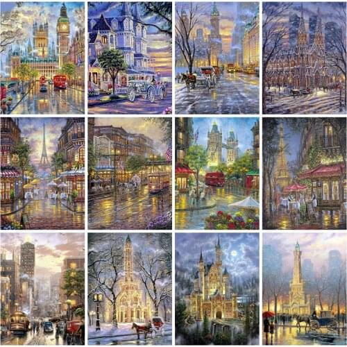 Huacan 5d Diamond Painting New Arrivals City Scenery Living Room Wall Decoration Mosaic Street Building Landscape Diamond Art