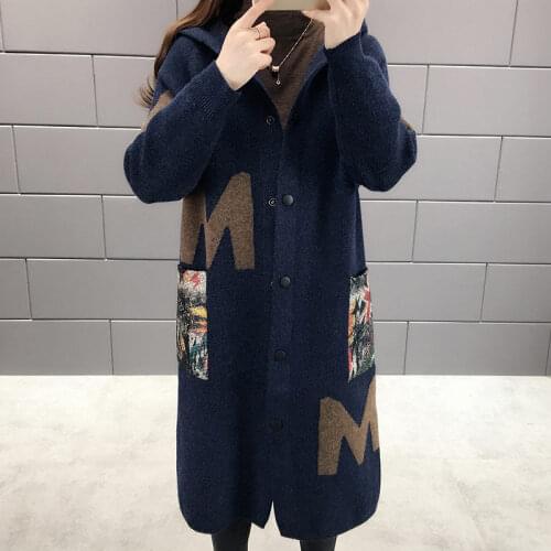 Womens Autumn Winter Jacket Long Cardigan New Fashion Letter Jacquard Leisure Hooded Sweater Coat Loose Knitted Blusa f1708