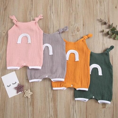 FOCUSNORM Summer Lovely Toddler Baby Girls Boys Rompers Rainbow Printed Sleeveless Strap Button Jumpsuits 4 Colors 0-18M