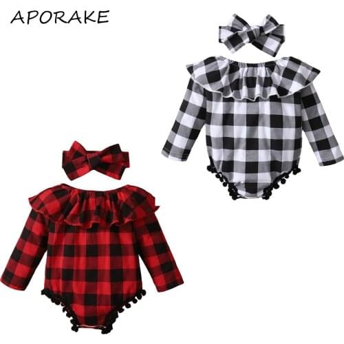 2021 0-18M Cute Infant Baby Girl Jumpsuit Plaid Print Ruffle Collar Long Sleeve Tassels Romper+Headband Spring Fall Cotton 2pcs