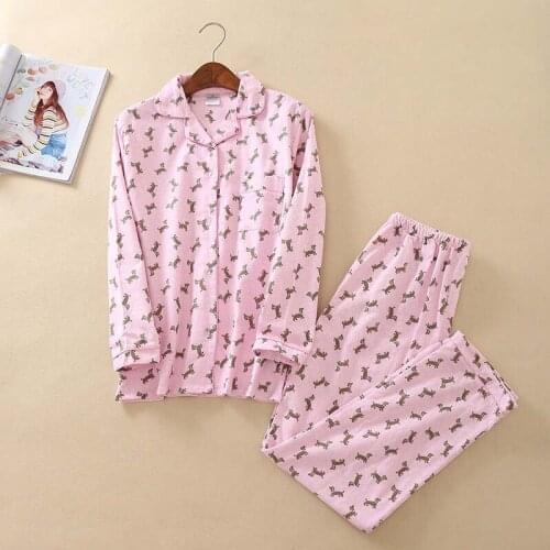 Ladies Pajama Set Cartoon Puppy Printed Full Cotton Turn-down Collar Long Sleeve Shirt+Pants 2Pcs Set Femme Homewear Casual Wear
